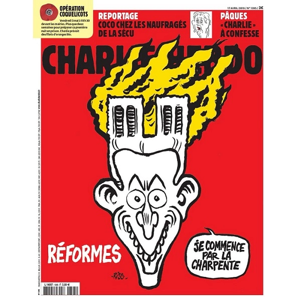 Charlie Hebdo-მ ცეცხლმოდებულ ნოტრ-დამს კარიკატურა მიუძღვნა
