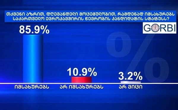 GORBI: რესპოდენტთა 85,9% მიიჩნევს, რომ საქართველო ევროკავშირის წევრობის კანდიდატის სტატუსს იმსახურებს